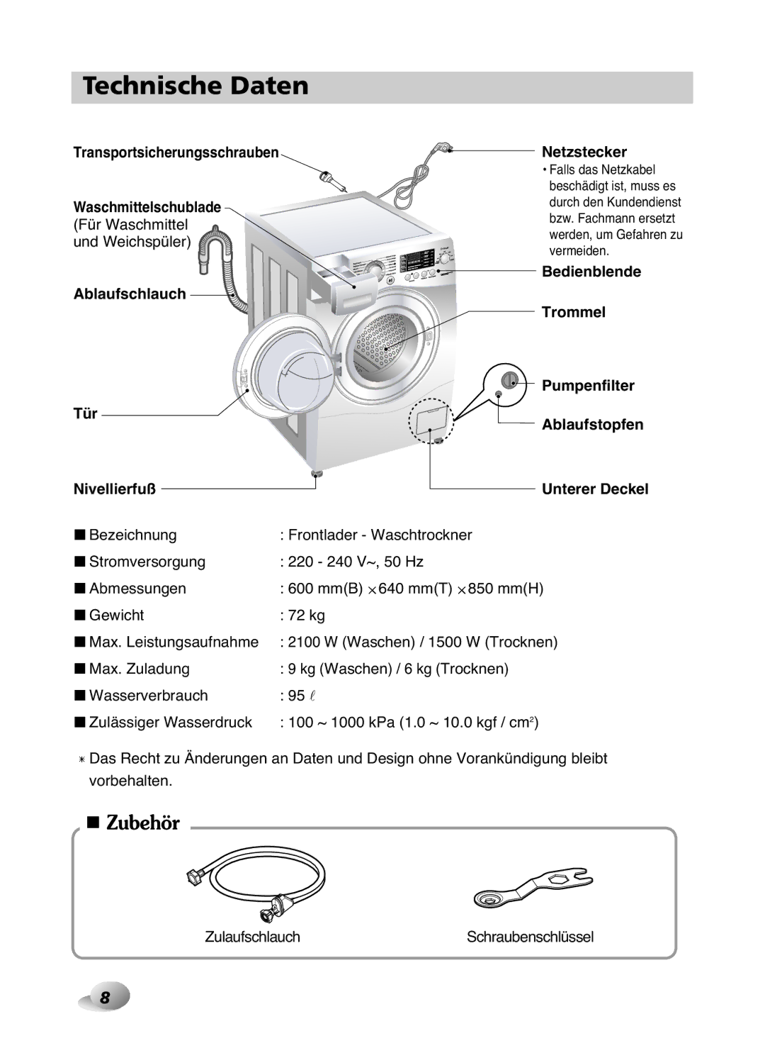 LG Electronics F1480RD owner manual Technische Daten, Transportsicherungsschrauben Waschmittelschublade 