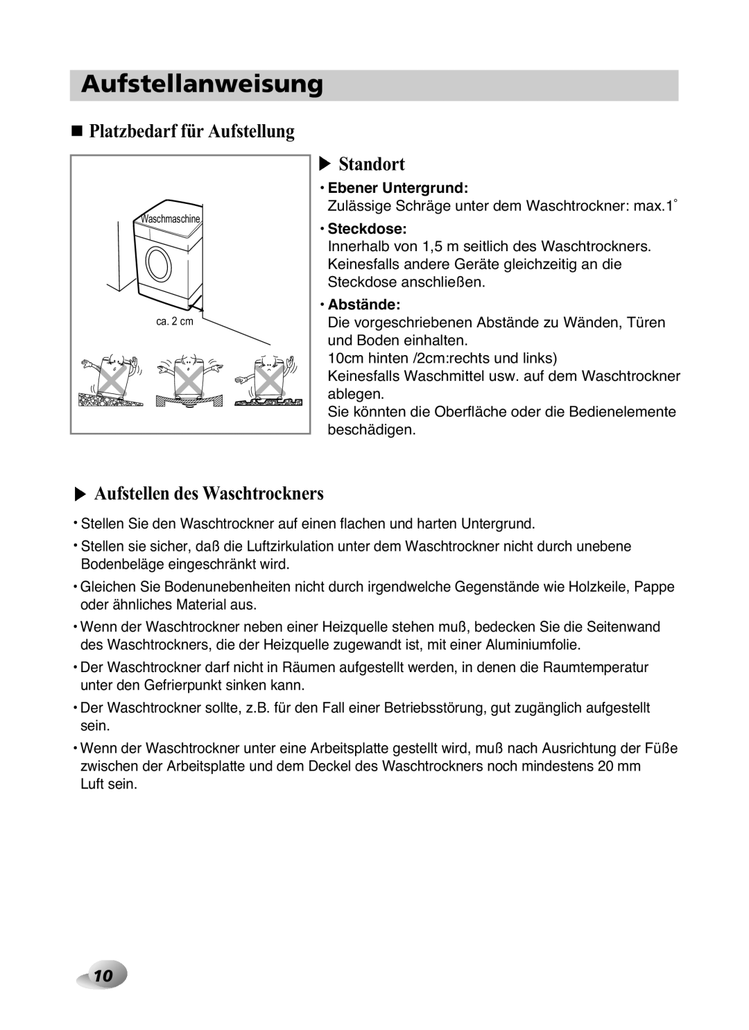 LG Electronics F1480RD owner manual Platzbedarf für Aufstellung, Standort, Aufstellen des Waschtrockners 