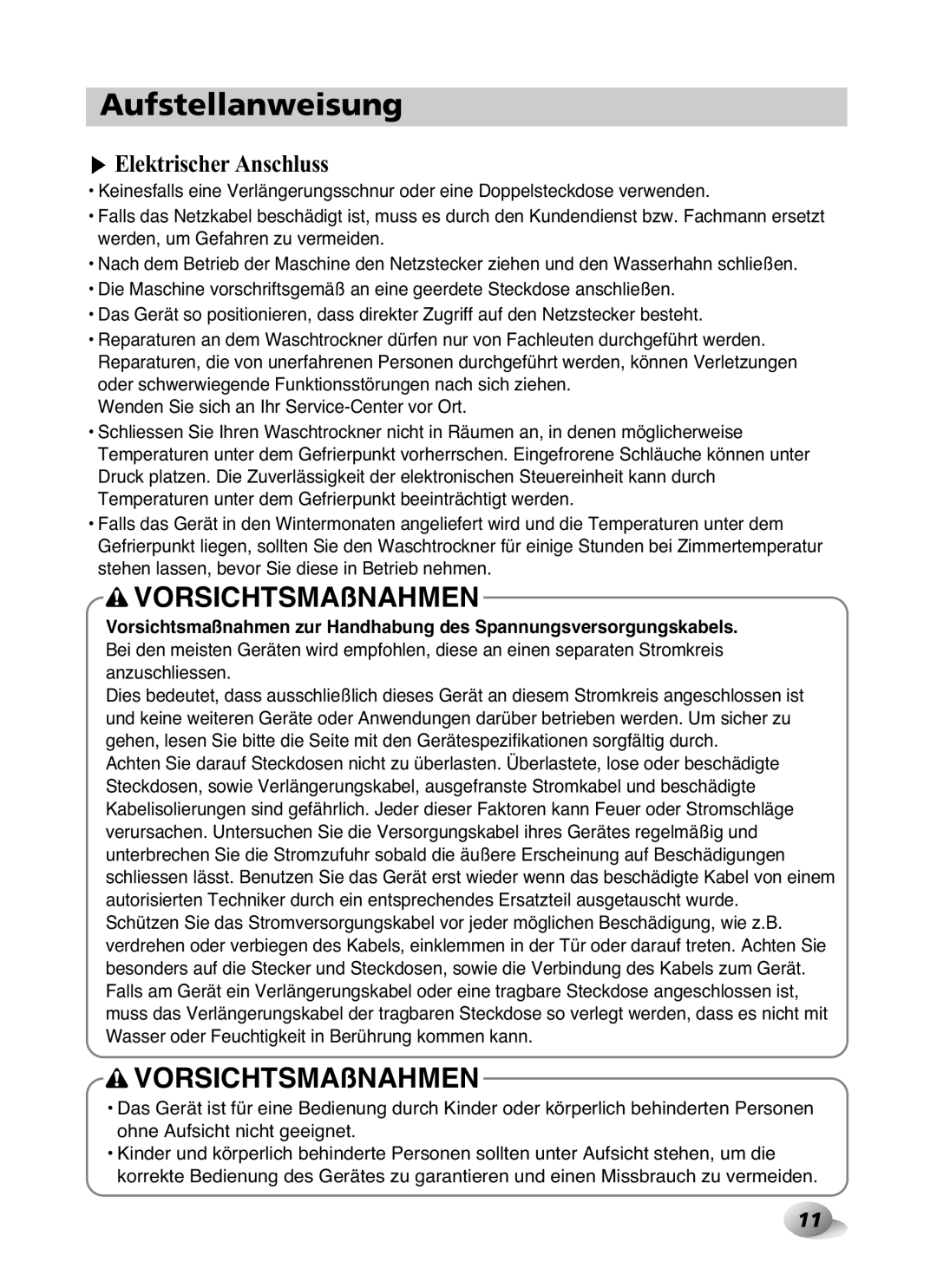 LG Electronics F1480RD owner manual VORSICHTSMAßNAHMEN, Elektrischer Anschluss 