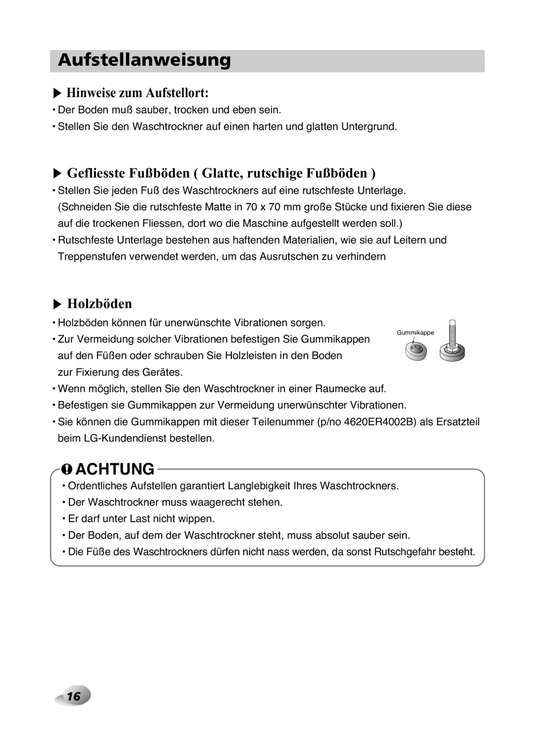 LG Electronics F1480RD owner manual Hinweise zum Aufstellort, Gefliesste Fußböden Glatte, rutschige Fußböden, Holzböden 