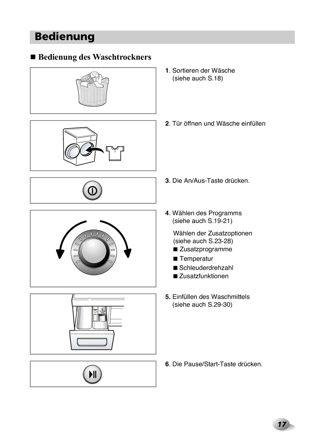 LG Electronics F1480RD owner manual Bedienung des Waschtrockners, Die Pause/Start-Taste drücken 