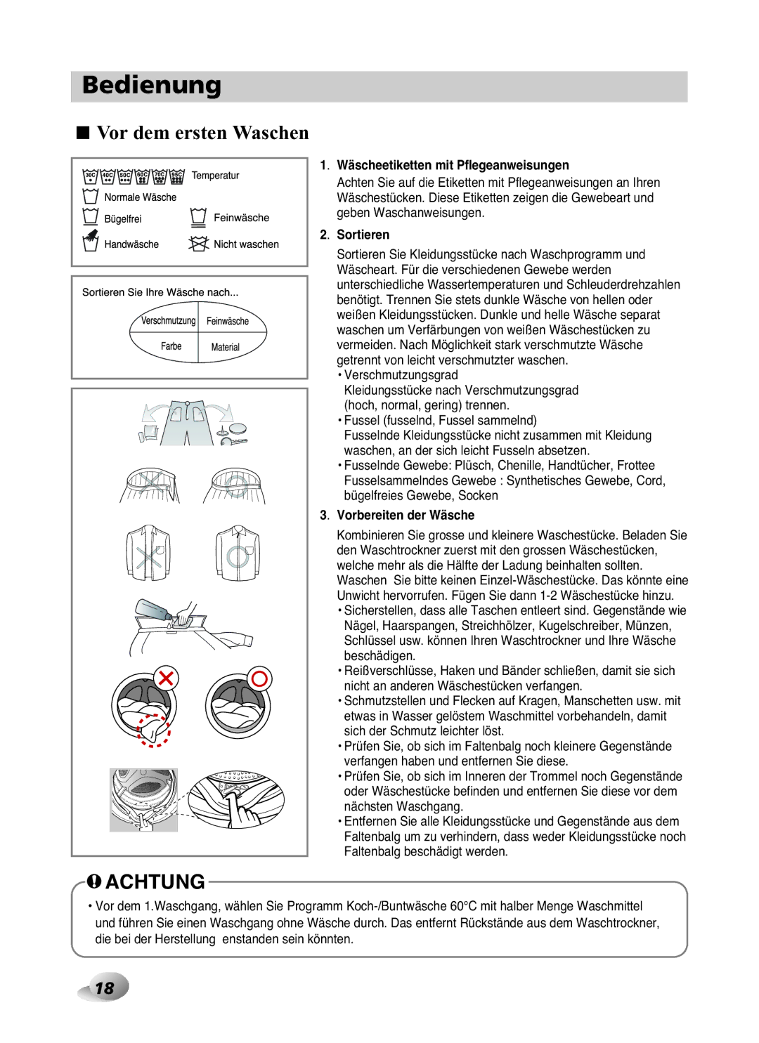 LG Electronics F1480RD Vor dem ersten Waschen, Wäscheetiketten mit Pflegeanweisungen, Sortieren, Vorbereiten der Wäsche 