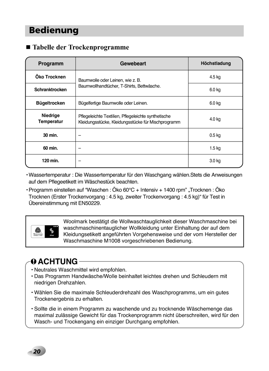 LG Electronics F1480RD owner manual Tabelle der Trockenprogramme, Höchstladung, Öko Trocknen 