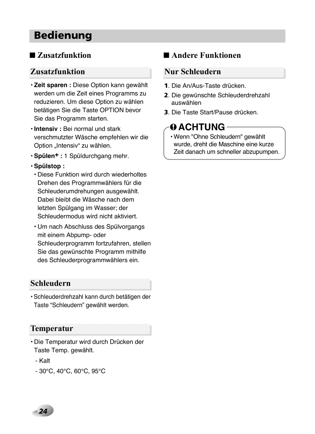 LG Electronics F1480RD owner manual Zusatzfunktion, Temperatur, Andere Funktionen Nur Schleudern, Spülstop 