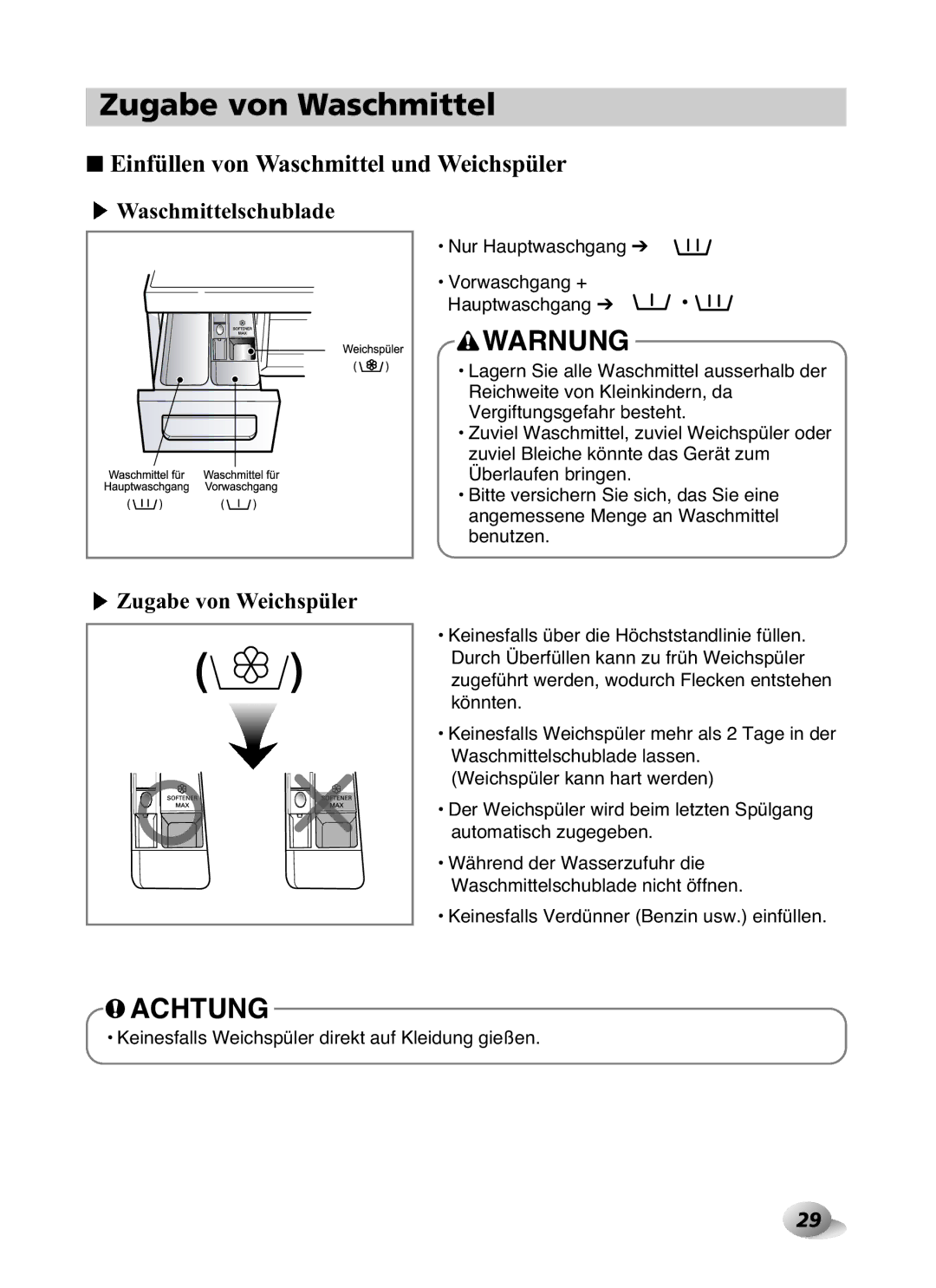 LG Electronics F1480RD owner manual Zugabe von Waschmittel, Einfüllen von Waschmittel und Weichspüler 