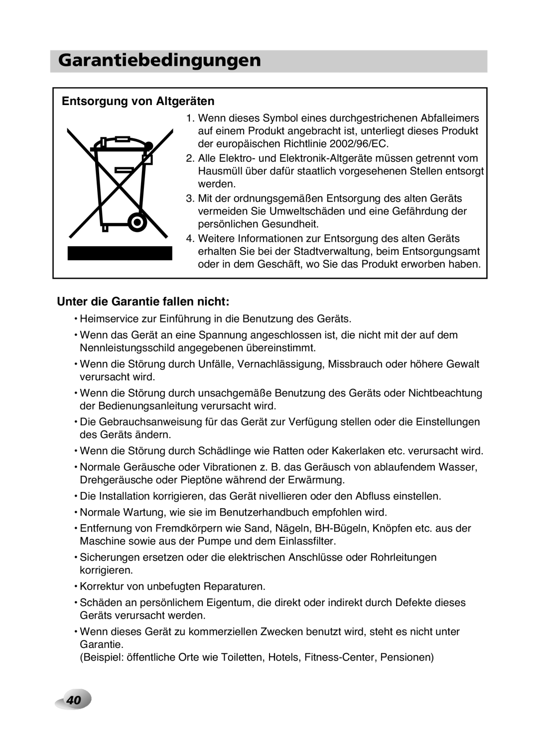 LG Electronics F1480RD owner manual Garantiebedingungen, Entsorgung von Altgeräten 