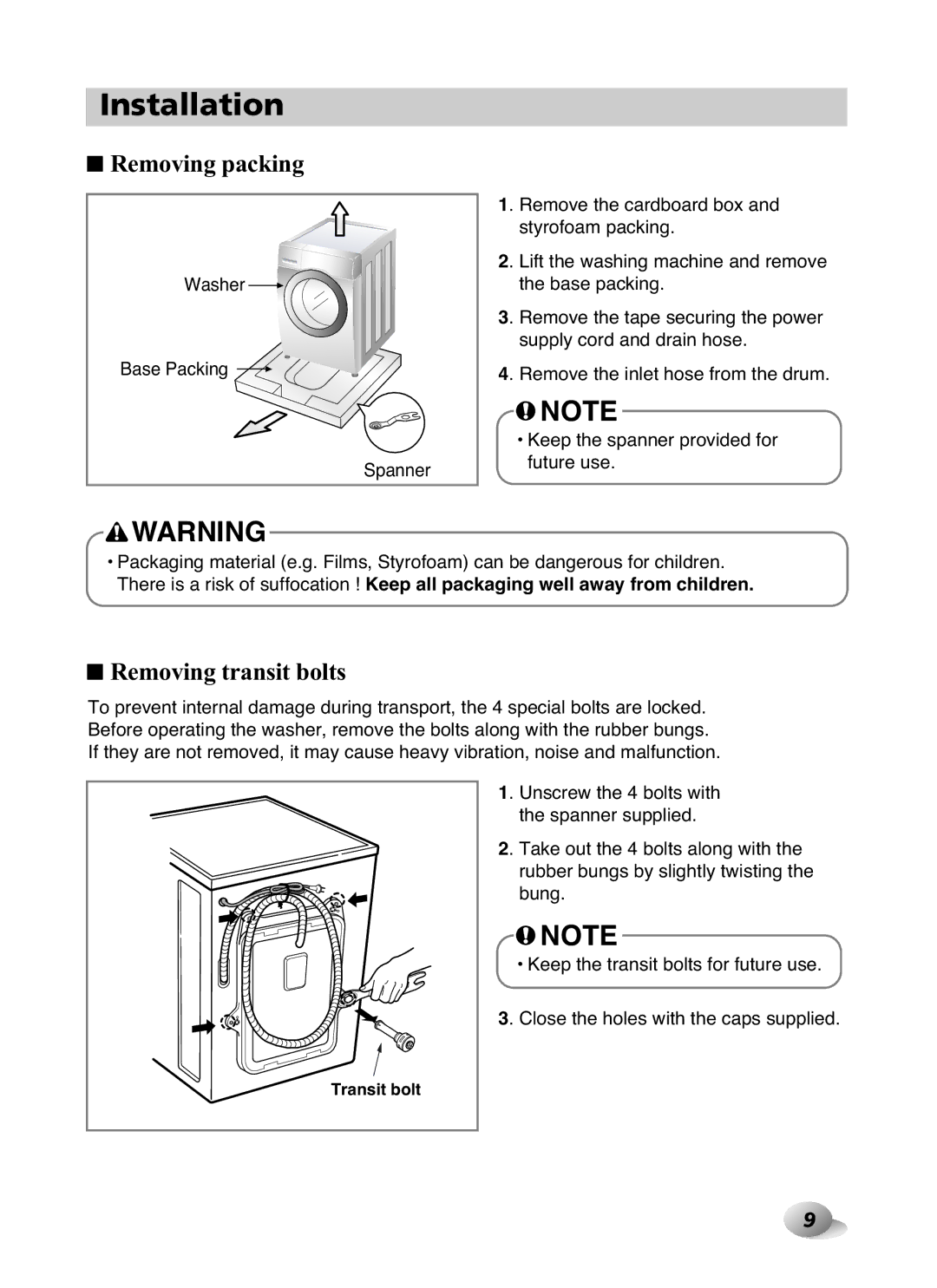 LG Electronics F1480RD owner manual Installation, Removing packing, Removing transit bolts, Transit bolt 