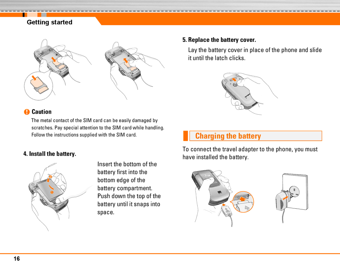 LG Electronics F2250 manual Charging the battery, Getting started, Install the battery, Replace the battery cover 