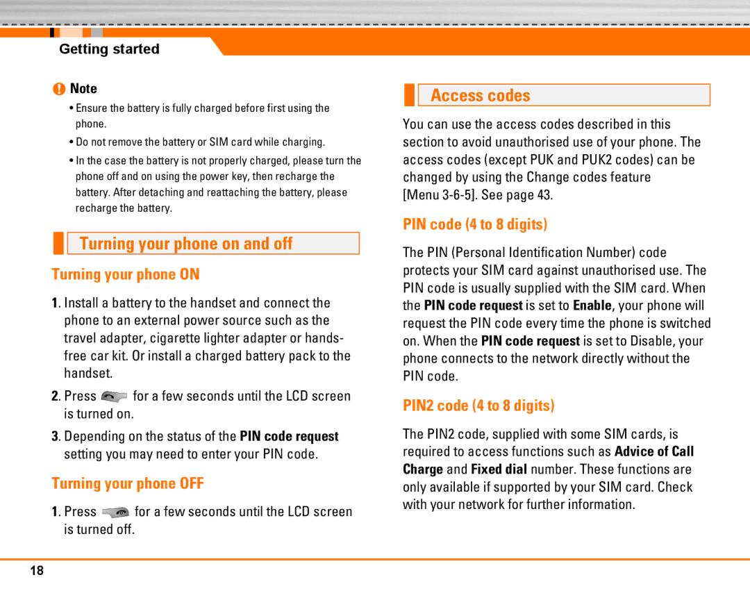 LG Electronics F2250 manual Turning your phone on and off, Access codes 