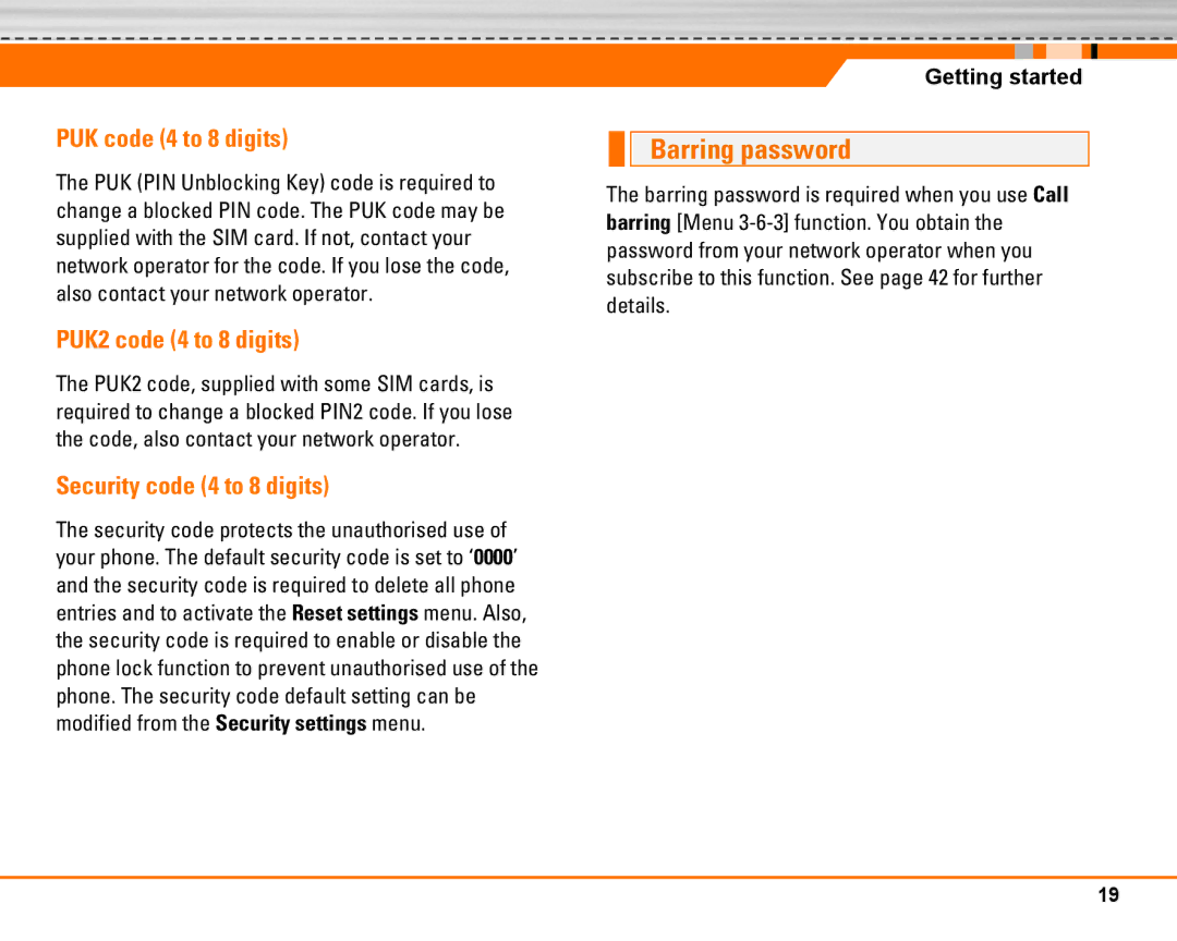 LG Electronics F2250 manual Barring password, PUK code 4 to 8 digits, PUK2 code 4 to 8 digits, Security code 4 to 8 digits 