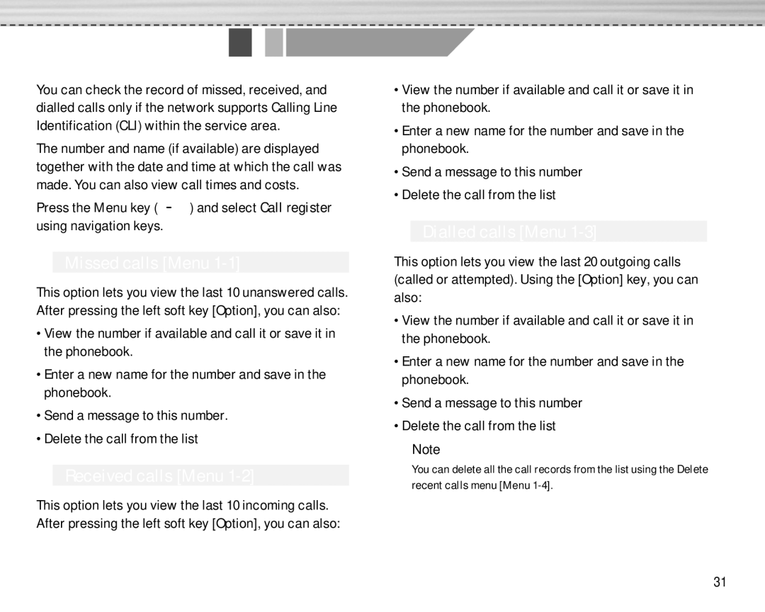 LG Electronics F2250 manual Call history Menu, Missed calls Menu, Received calls Menu, Dialled calls Menu 