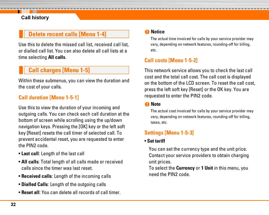 LG Electronics F2250 manual Delete recent calls Menu, Call charges Menu, Call duration Menu, Call costs Menu, Settings Menu 