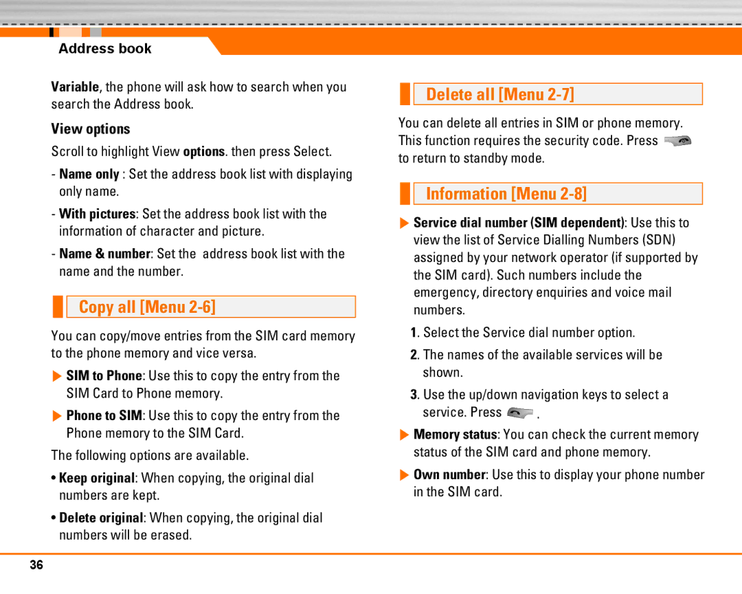 LG Electronics F2250 manual Copy all Menu, Delete all Menu, Information Menu, View options 