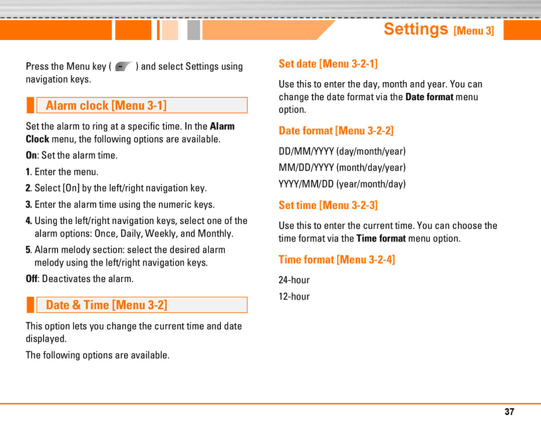 LG Electronics F2250 manual Settings Menu, Alarm clock Menu, Date & Time Menu 