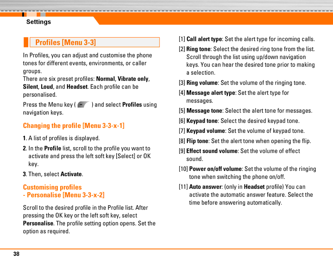 LG Electronics F2250 manual Profiles Menu, Changing the profile Menu, Customising profiles Personalise Menu 