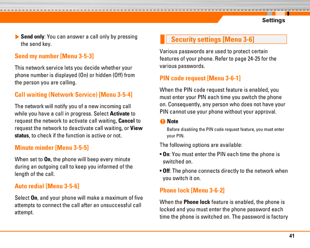 LG Electronics F2250 manual Security settings Menu 