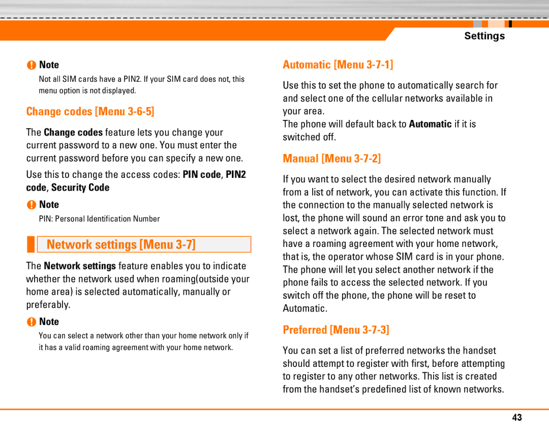 LG Electronics F2250 manual Network settings Menu, Change codes Menu, Automatic Menu, Manual Menu, Preferred Menu 