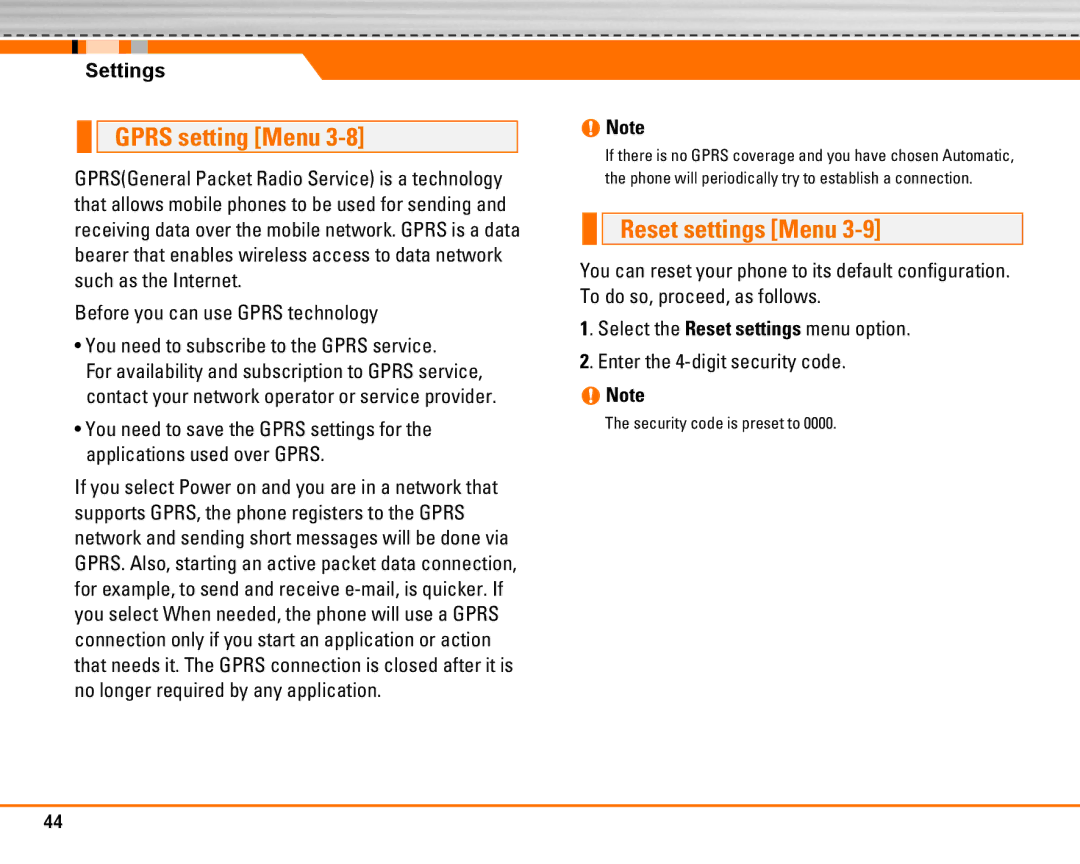 LG Electronics F2250 manual Gprs setting Menu, Reset settings Menu 