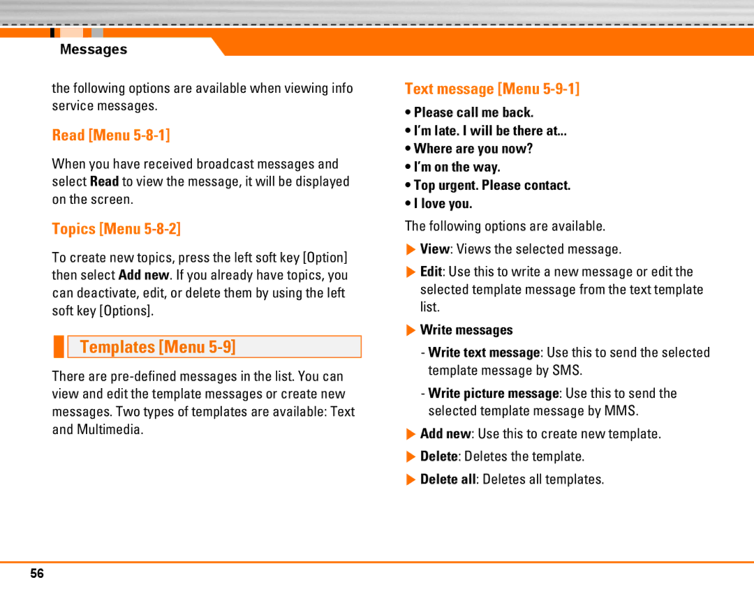 LG Electronics F2250 manual Templates Menu, Read Menu, Topics Menu, Text message Menu, Write messages 