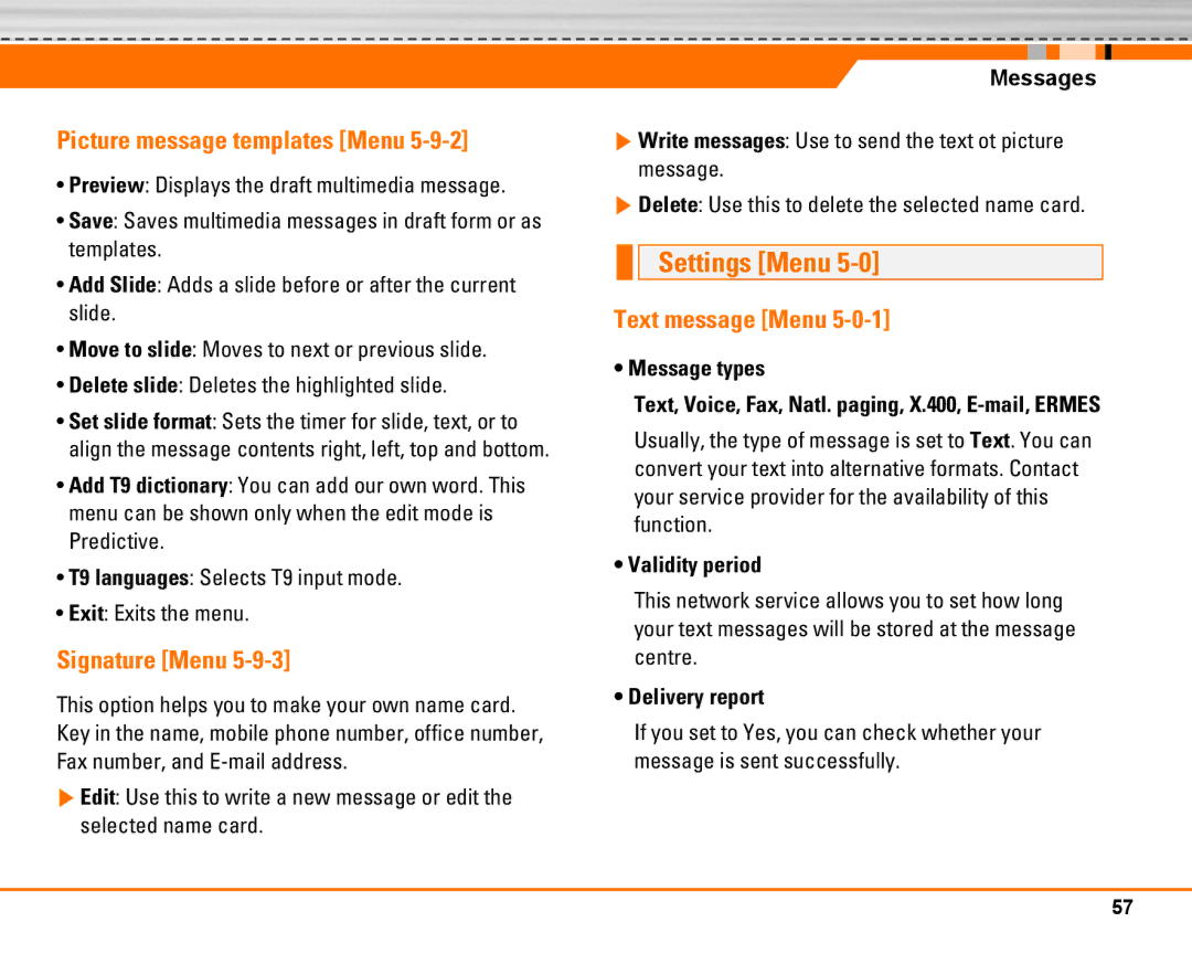 LG Electronics F2250 manual Picture message templates Menu, Signature Menu, Message types, Validity period, Delivery report 