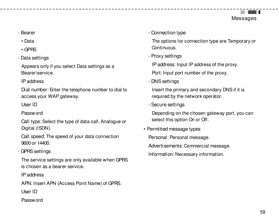 LG Electronics F2250 manual Bearer, Data settings, IP address, Gprs settings, Messages Connection type, Proxy settings 