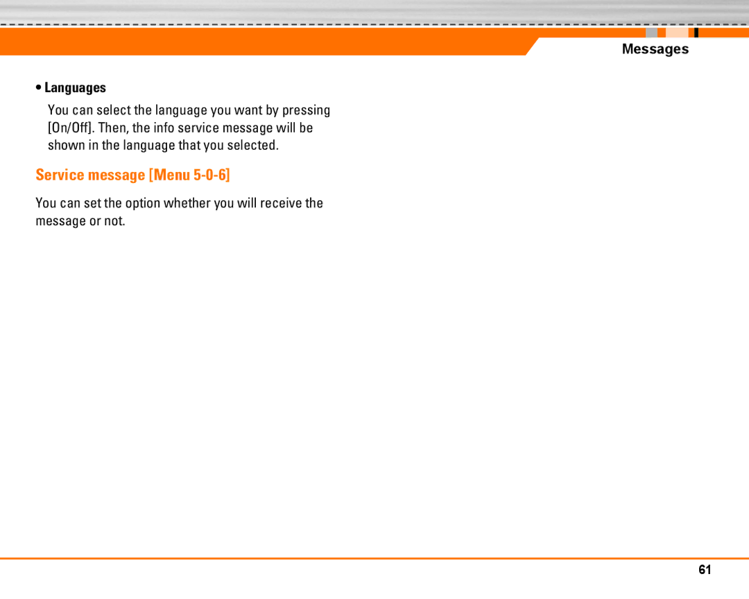 LG Electronics F2250 manual Service message Menu, Messages Languages 