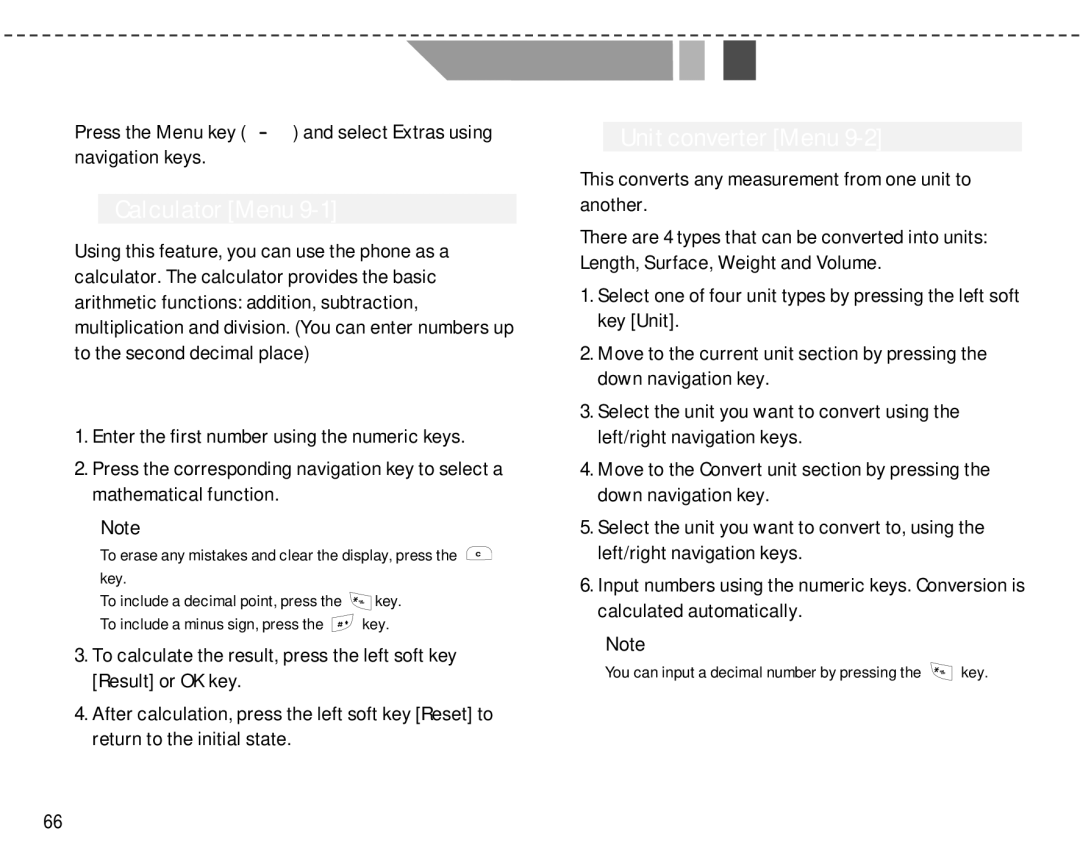 LG Electronics F2250 manual Calculator Menu, Unit converter Menu, Extras Menu, Using the calculator 