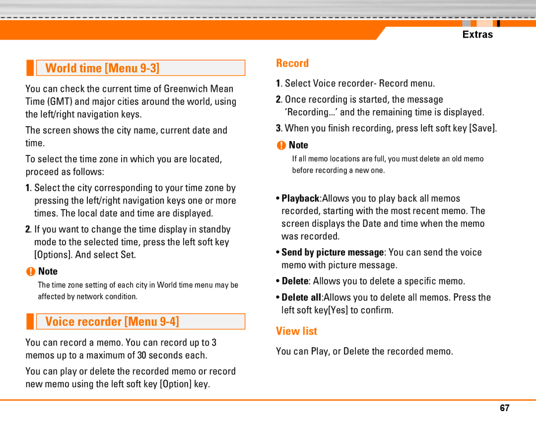 LG Electronics F2250 manual World time Menu, Voice recorder Menu, Record, View list, Extras 