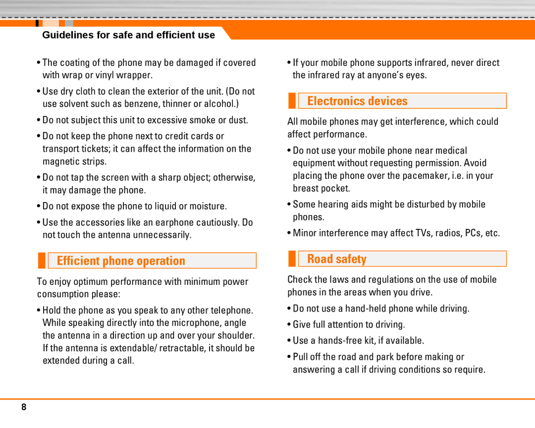 LG Electronics F2250 Efficient phone operation, Electronics devices, Road safety, Guidelines for safe and efficient use 