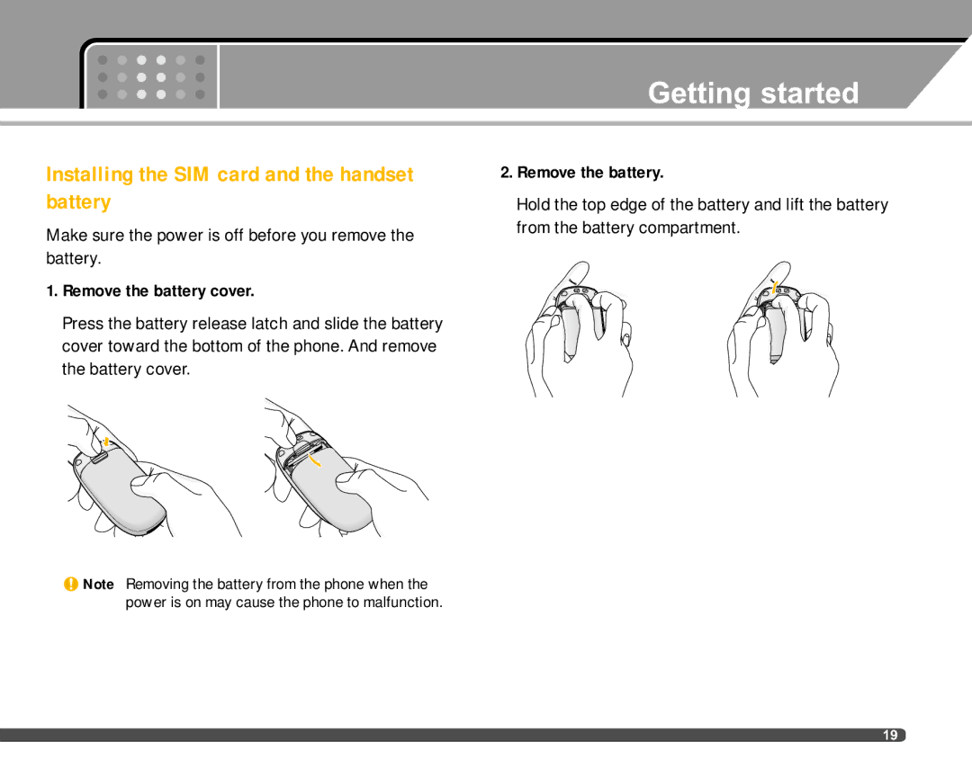 LG Electronics F2400 manual Getting started, Installing the SIM card and the handset battery, Remove the battery cover 