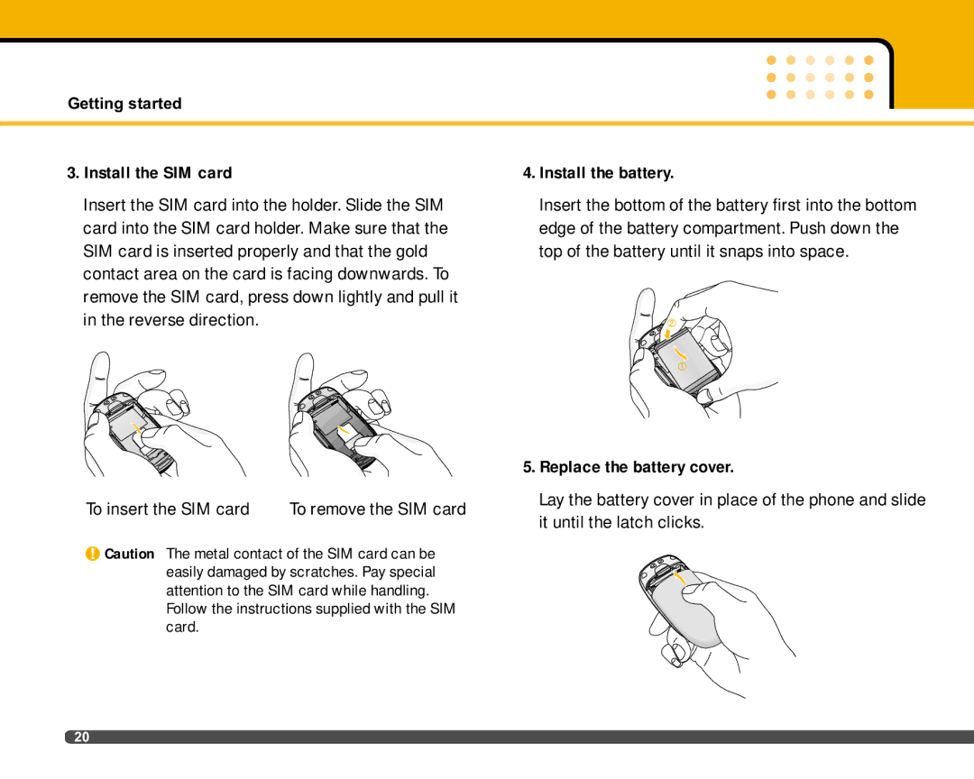 LG Electronics F2400 manual Install the SIM card, To insert the SIM card, Install the battery, Replace the battery cover 