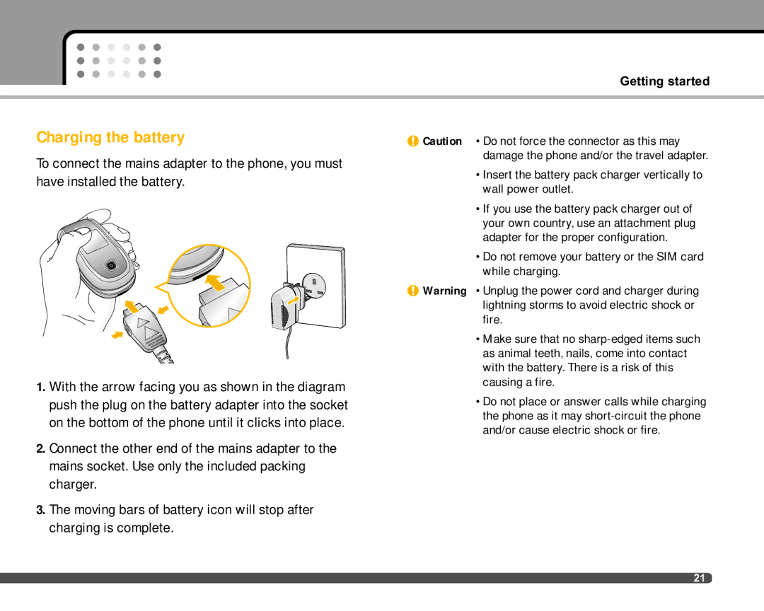 LG Electronics F2400 manual Charging the battery 