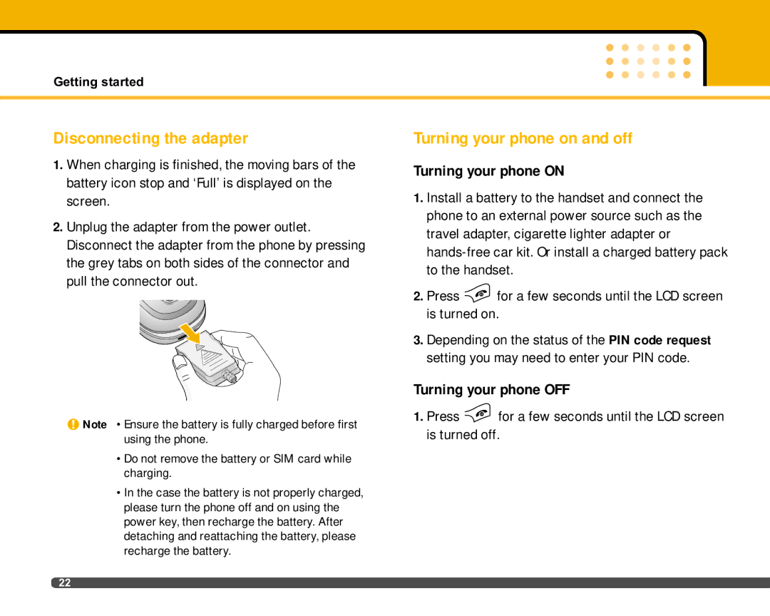 LG Electronics F2400 manual Disconnecting the adapter, Turning your phone on and off, Turning your phone OFF 