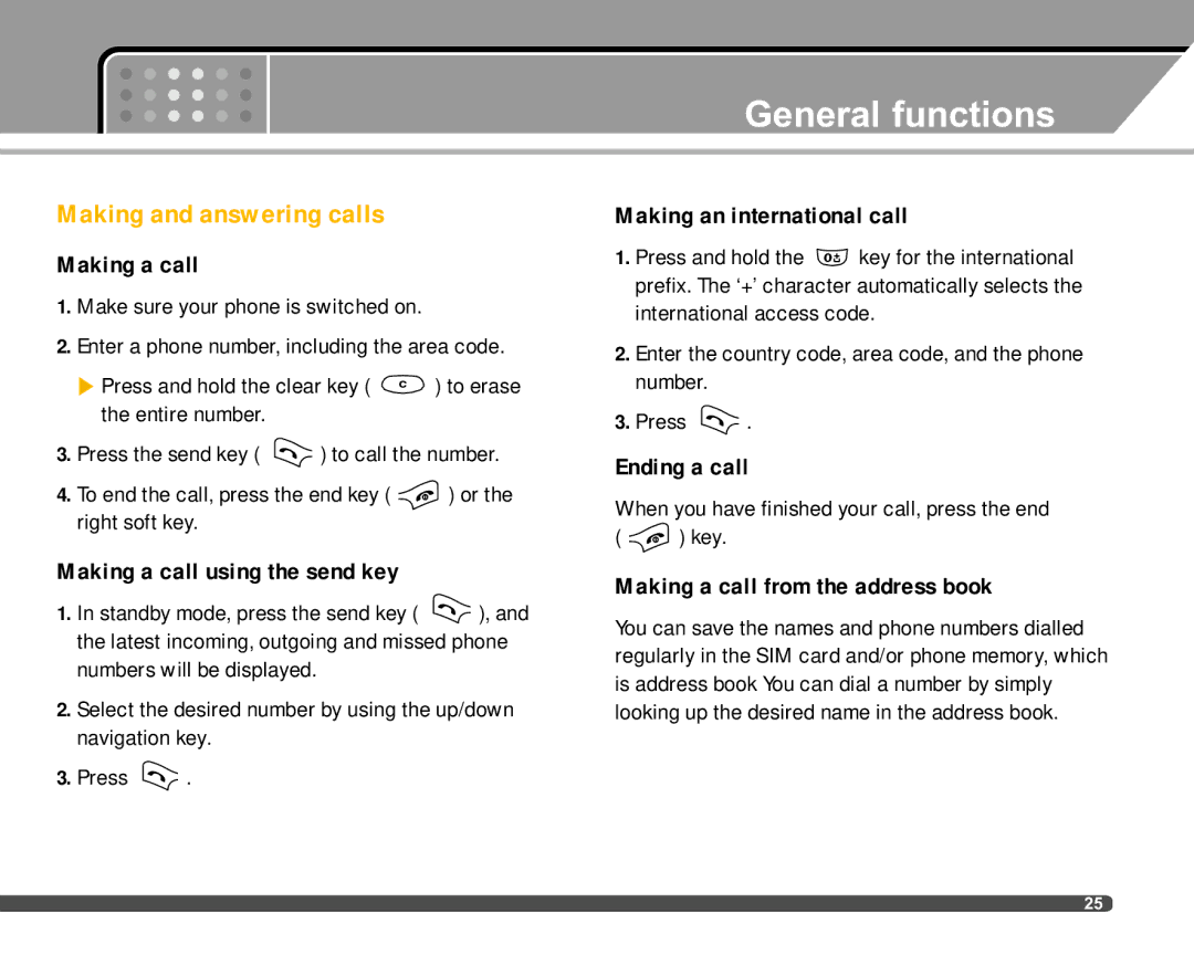 LG Electronics F2400 manual General functions, Making and answering calls 