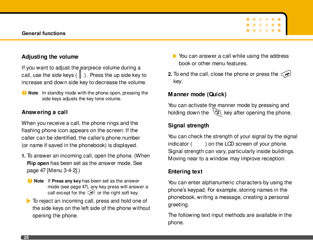 LG Electronics F2400 manual Adjusting the volume, Answering a call, Manner mode Quick, Signal strength, Entering text 