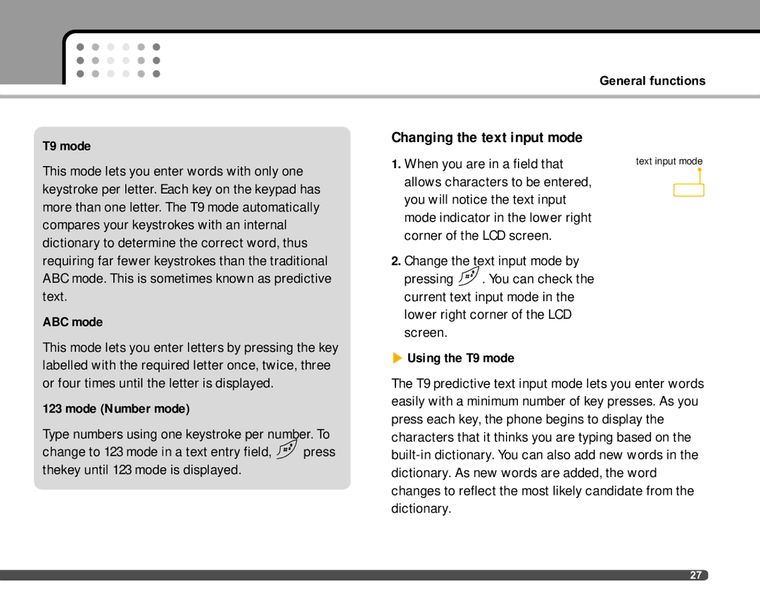 LG Electronics F2400 manual Changing the text input mode, ABC mode, Using the T9 mode, Mode Number mode 