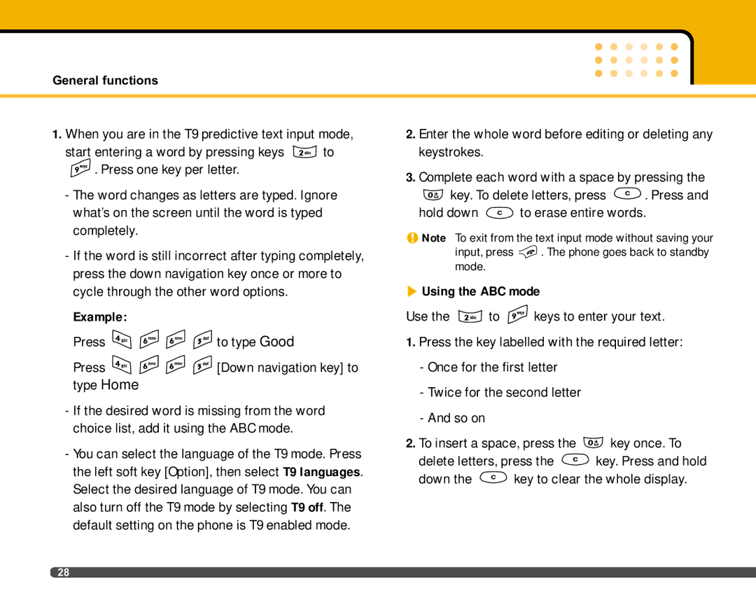 LG Electronics F2400 manual Example, Press to type Good Press Down navigation key to type Home, Using the ABC mode 