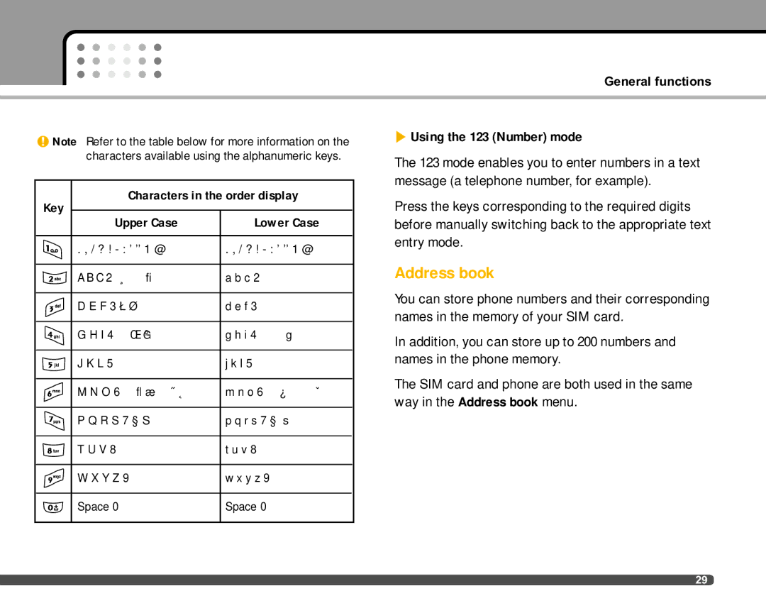 LG Electronics F2400 manual Address book, Using the 123 Number mode 