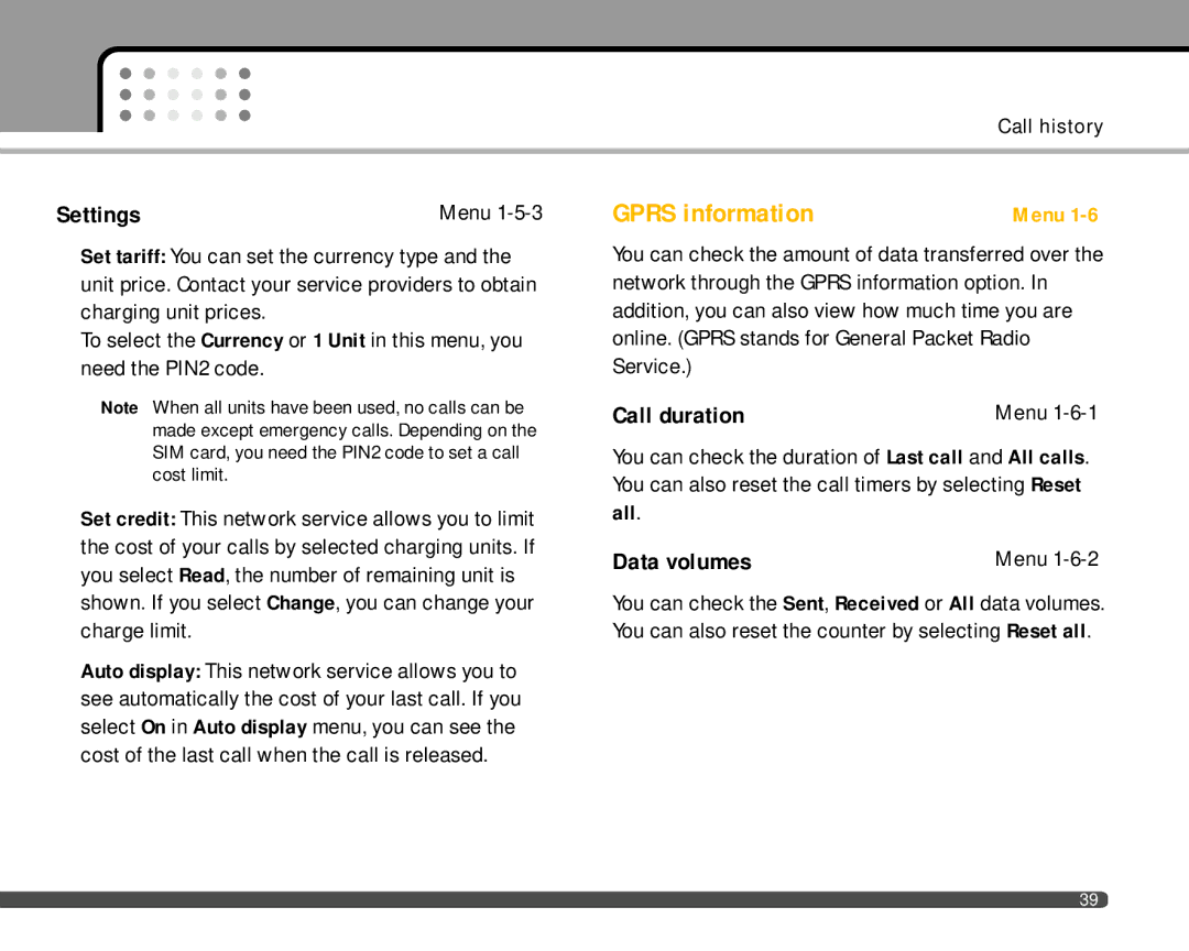 LG Electronics F2400 manual Gprs information, Settings, Call duration, Data volumes, All 