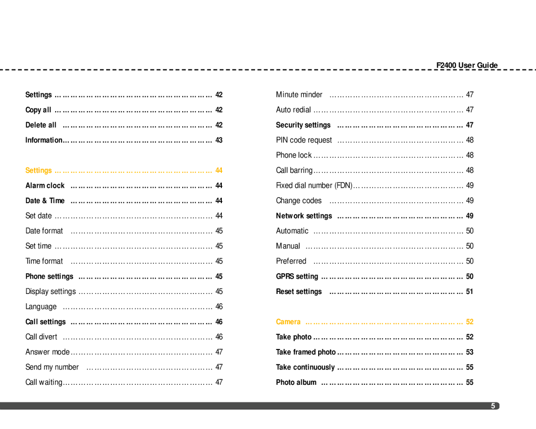 LG Electronics F2400 manual Settings …………………………………………………… 