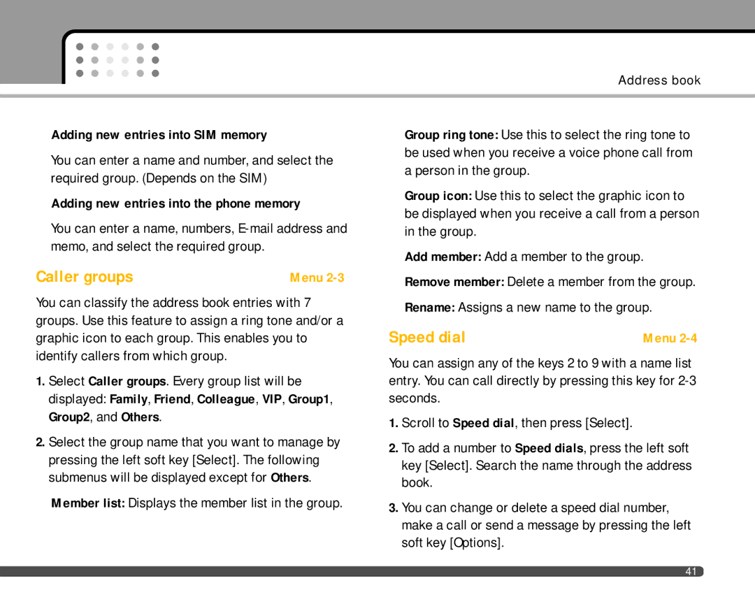 LG Electronics F2400 manual Caller groups, Speed dial, Adding new entries into SIM memory 