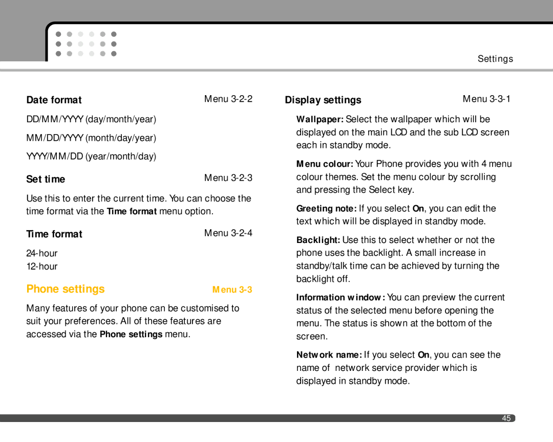 LG Electronics F2400 manual Phone settings, Date format, Set time, Time format, Display settings 