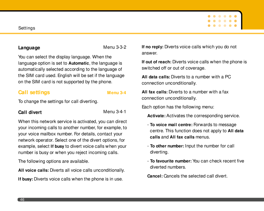 LG Electronics F2400 manual Call settings, Language, Call divert, To change the settings for call diverting 