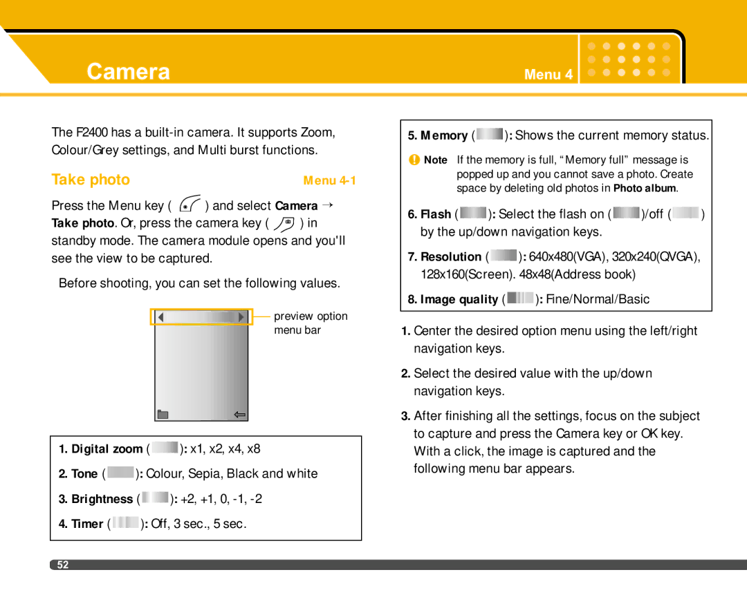 LG Electronics F2400 manual Camera, Take photo, Tone, Timer, Resolution 