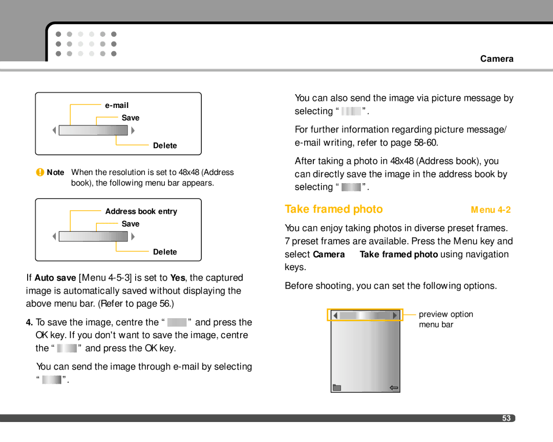 LG Electronics F2400 manual Take framed photo, Mail Save Delete Address book entry 