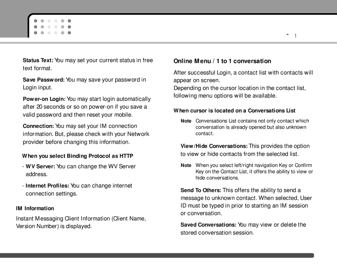 LG Electronics F2400 manual Online Menu / 1 to 1 conversation, When you select Binding Protocol as Http 