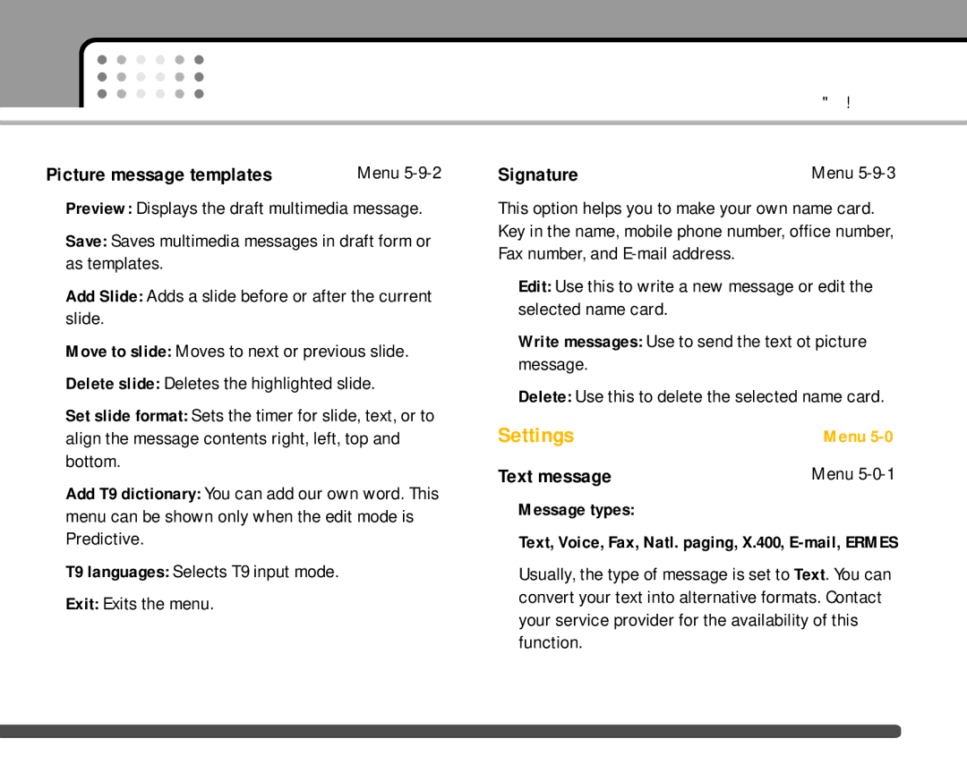 LG Electronics F2400 manual Picture message templates, Signature, Message types 