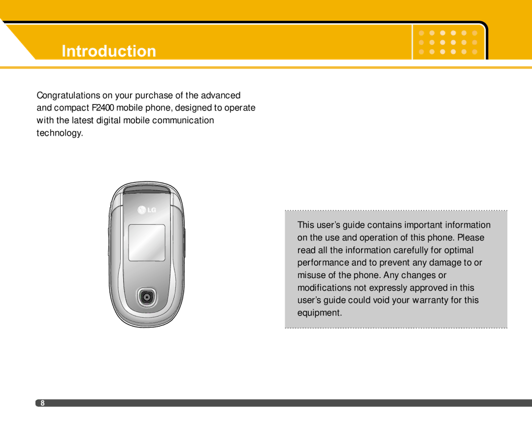 LG Electronics F2400 manual Introduction 