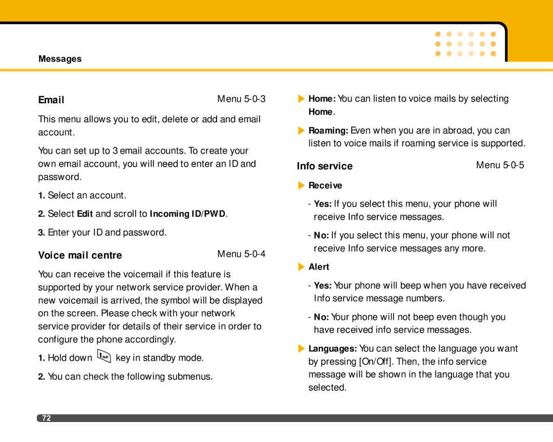 LG Electronics F2400 manual Voice mail centre, Info service, Receive, Alert 