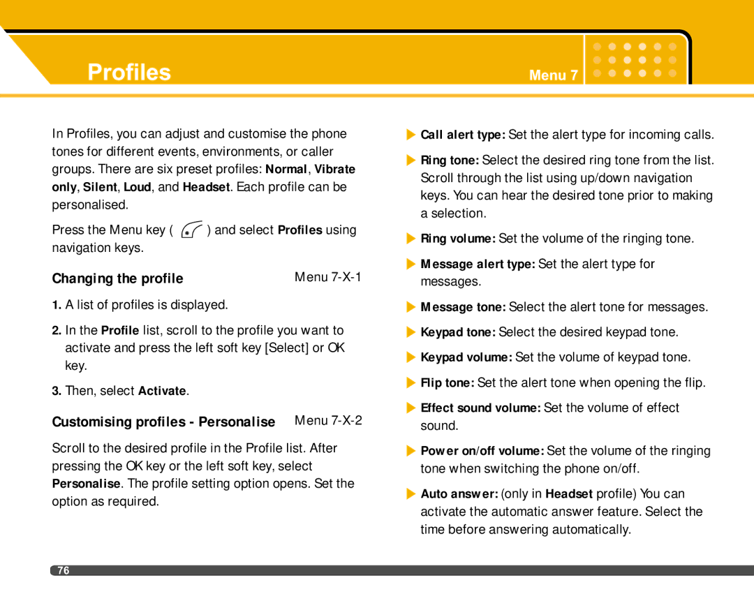 LG Electronics F2400 manual Profiles, Changing the profile, Customising profiles Personalise Menu 